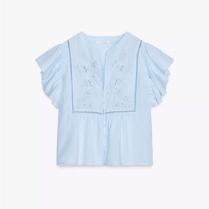 Zara Light Blue Embroidered Blouse